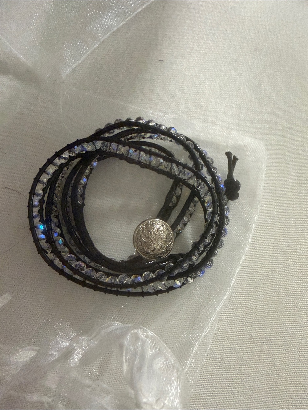 Black Wrap Bracelet with crystal Beads and Decorative Button